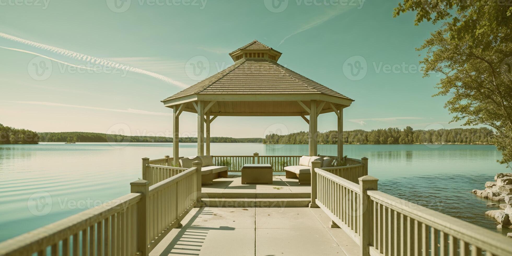 A gazebo on a dock overlooking a lake photo