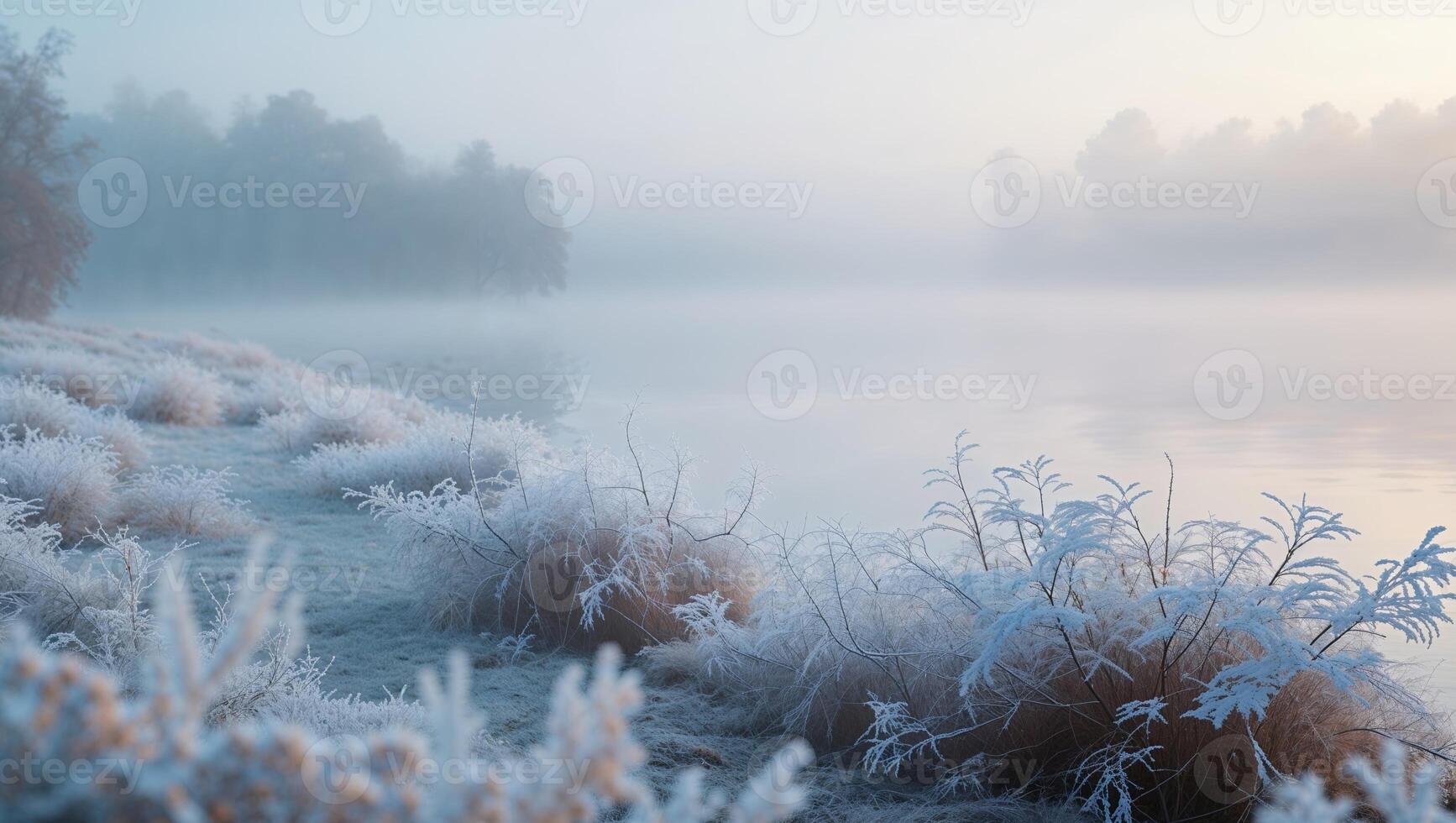 Frosty landscape with trees and grass by the water photo