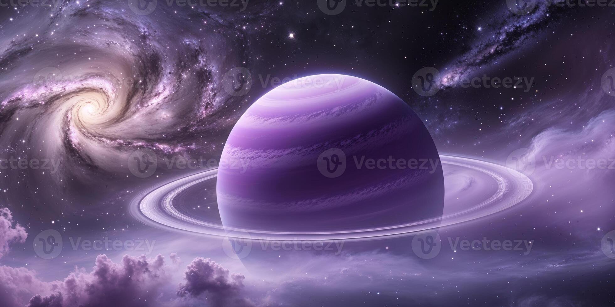 An image of a purple planet and a spiral galaxy photo