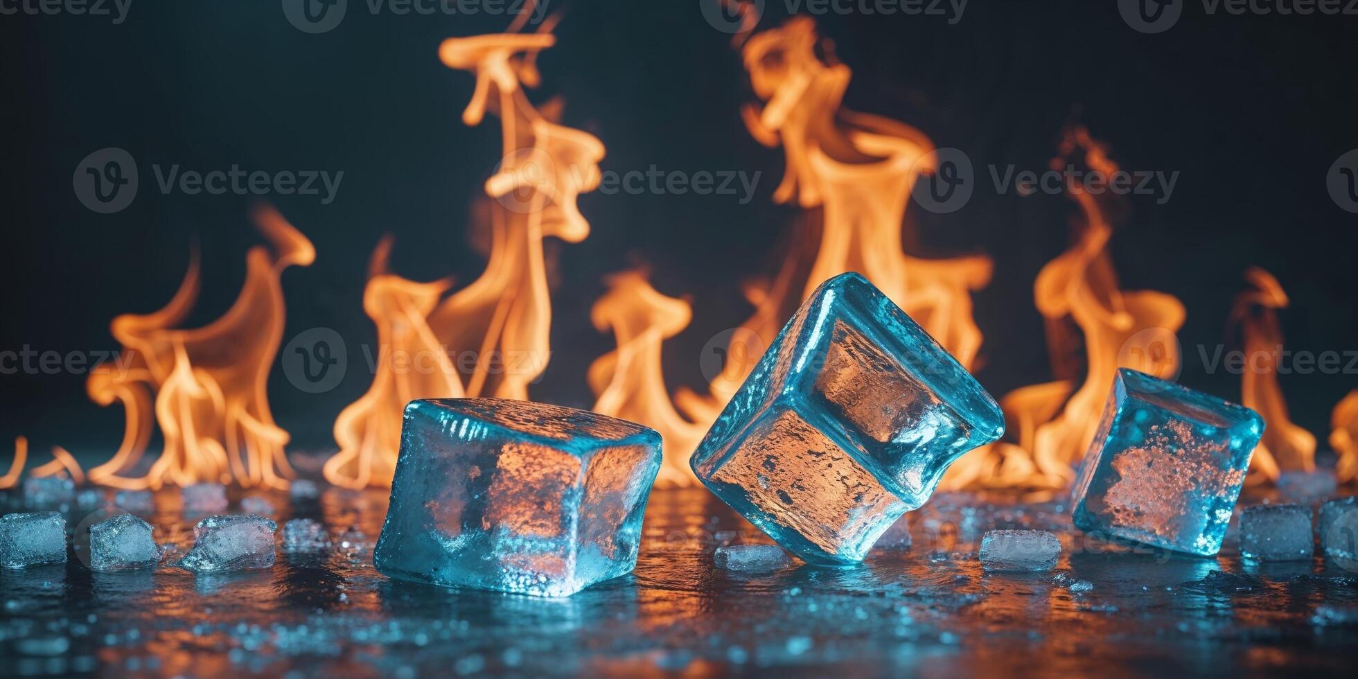 Ice and Fire Conceptual Background with Flames and Ice Cubes for Visual Contrast and Dramatic Effect. photo