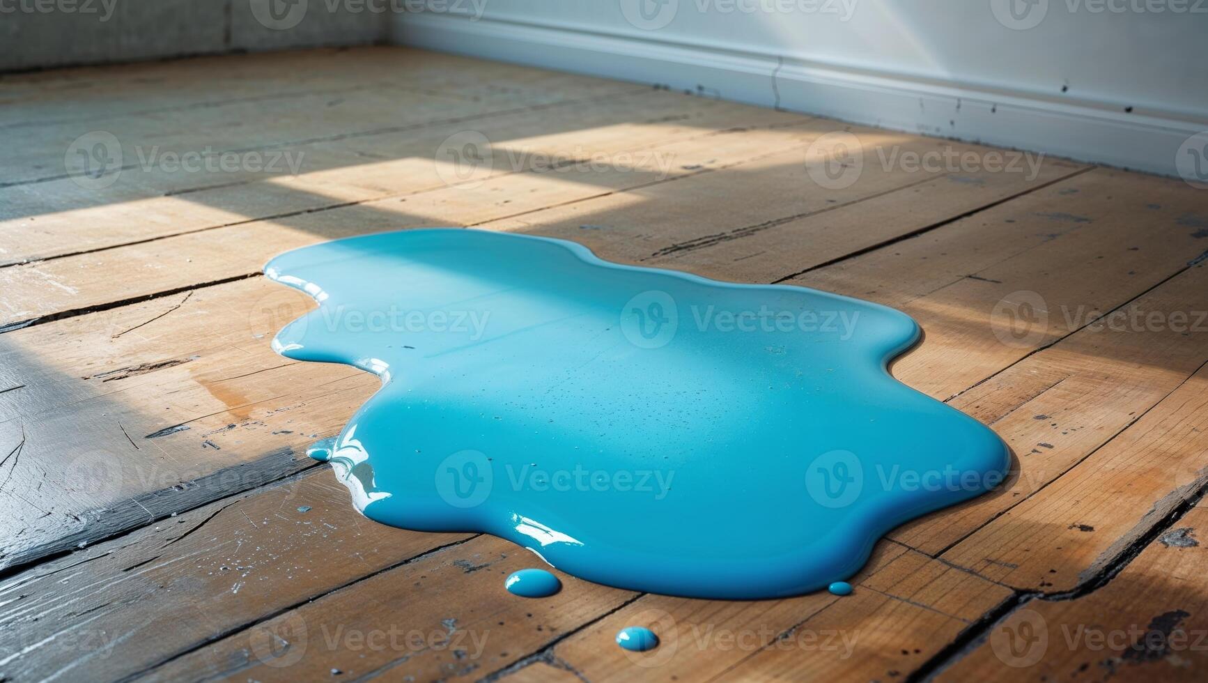 Cleaning solution spilled on wooden floor. photo
