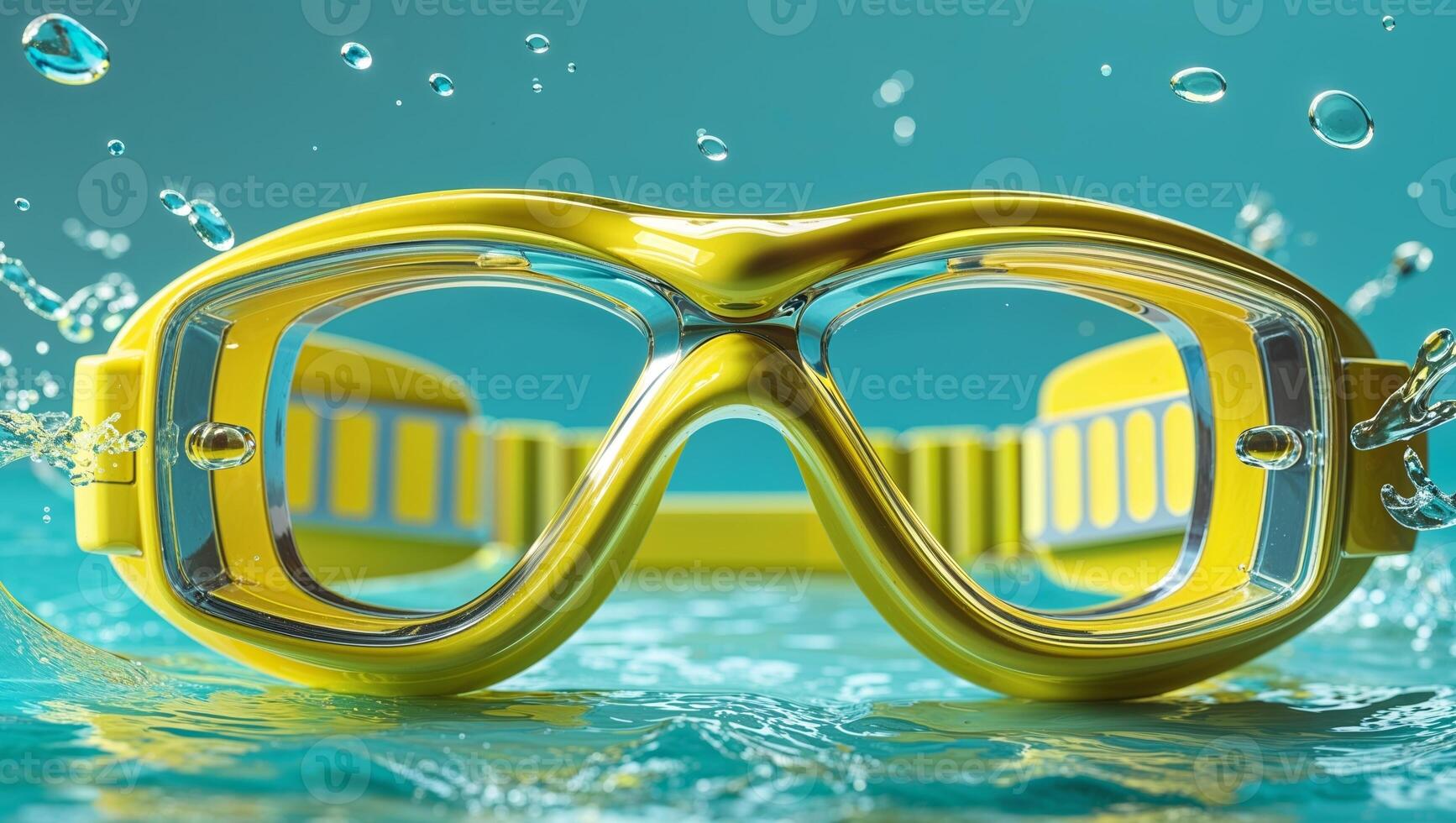 Shiny yellow diving goggles placed on a bright aqua background with water splash effects photo