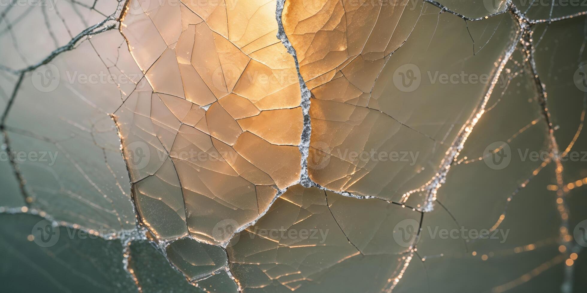Light shines through a cracked and broken textured pane of glass photo