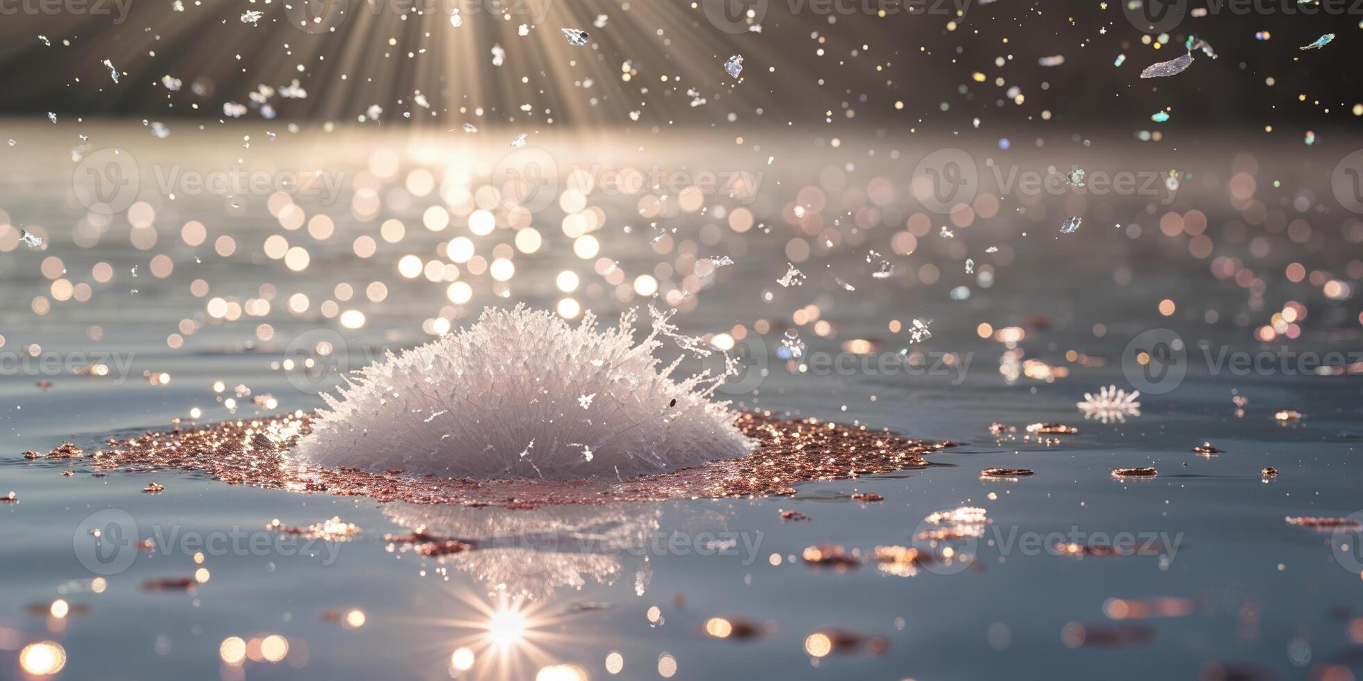 A snow ball floating in the water with a sun shining photo