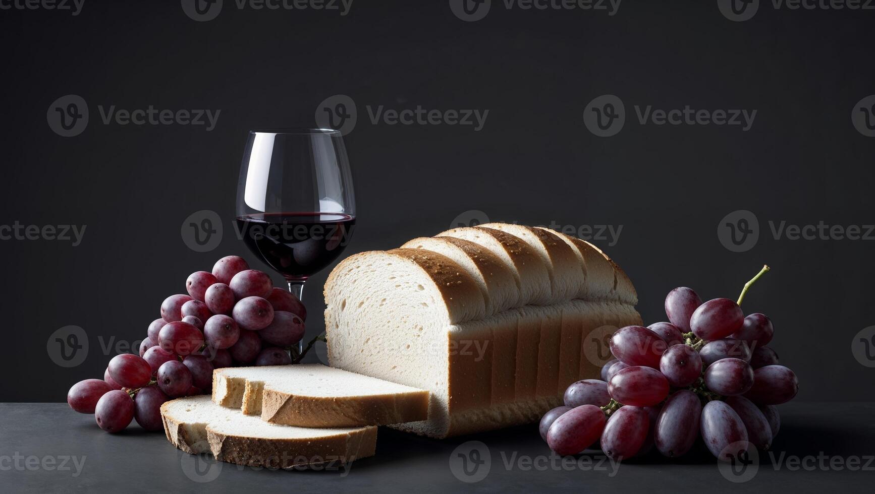 Bread, grapes and a glass of wine photo