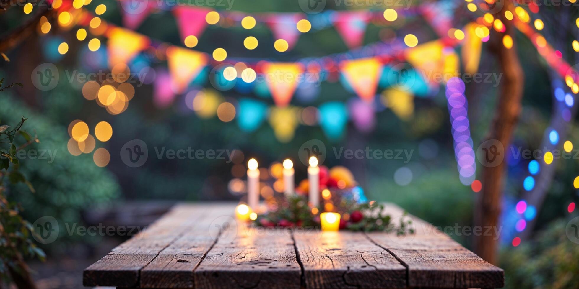 A wooden table with candles and garlands photo