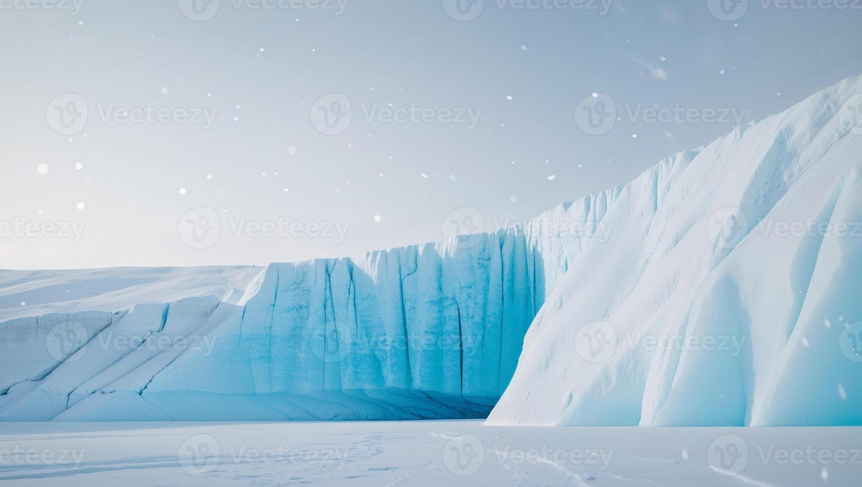 An image of a large ice cave with snow falling photo
