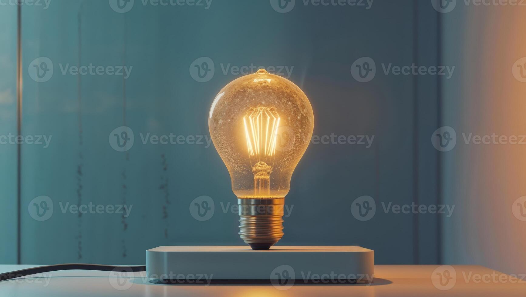 A light bulb is on a table in front of a wall photo