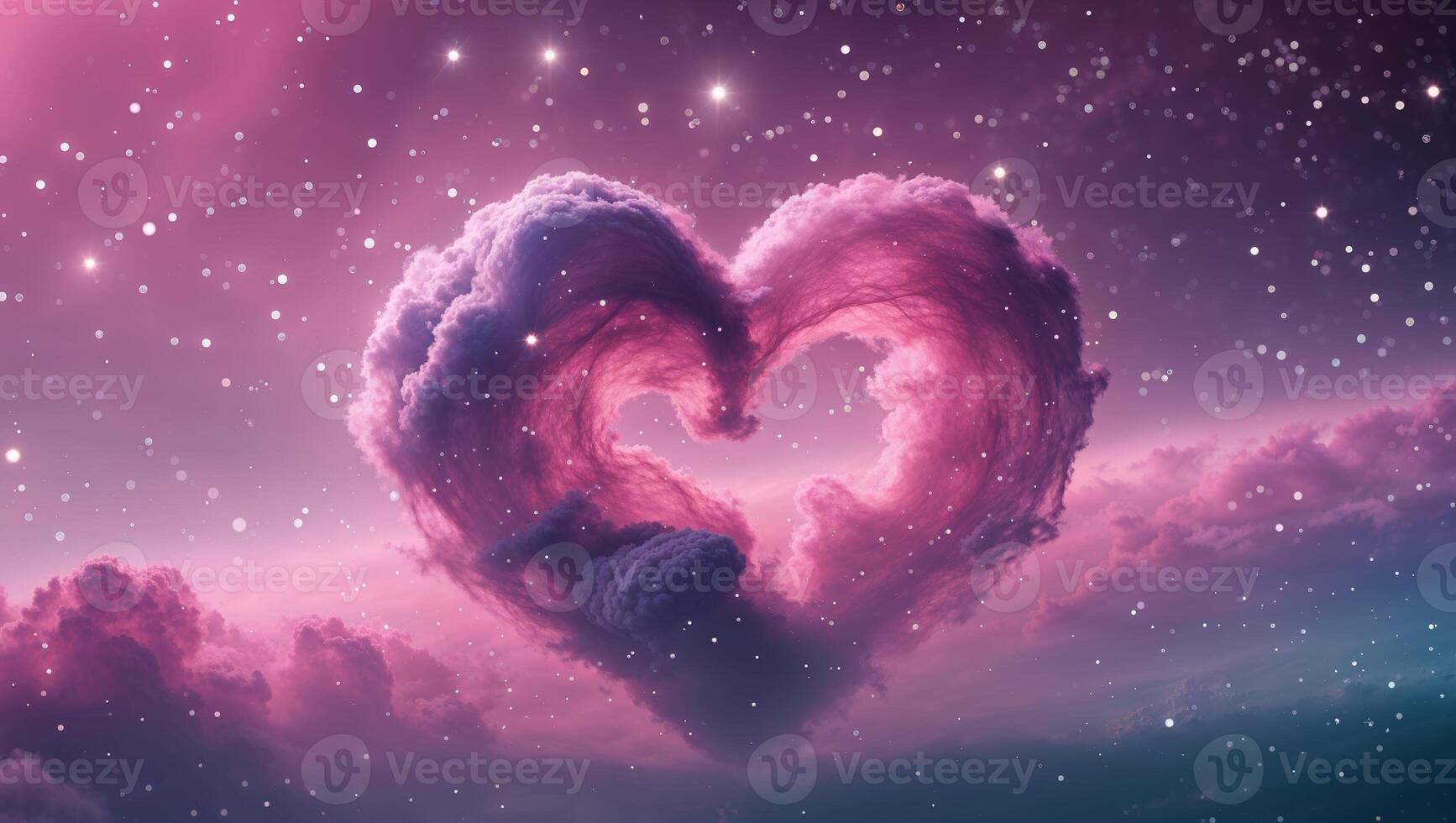 Heart shaped clouds in the sky with stars photo