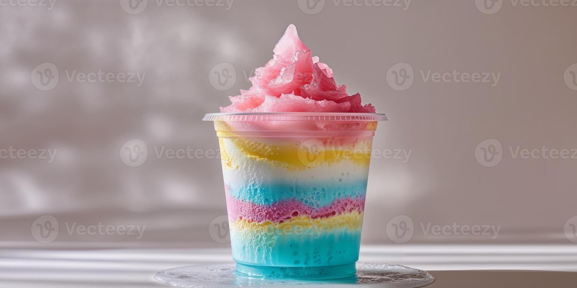 A colorful layered shaved ice dessert in a clear plastic cup photo