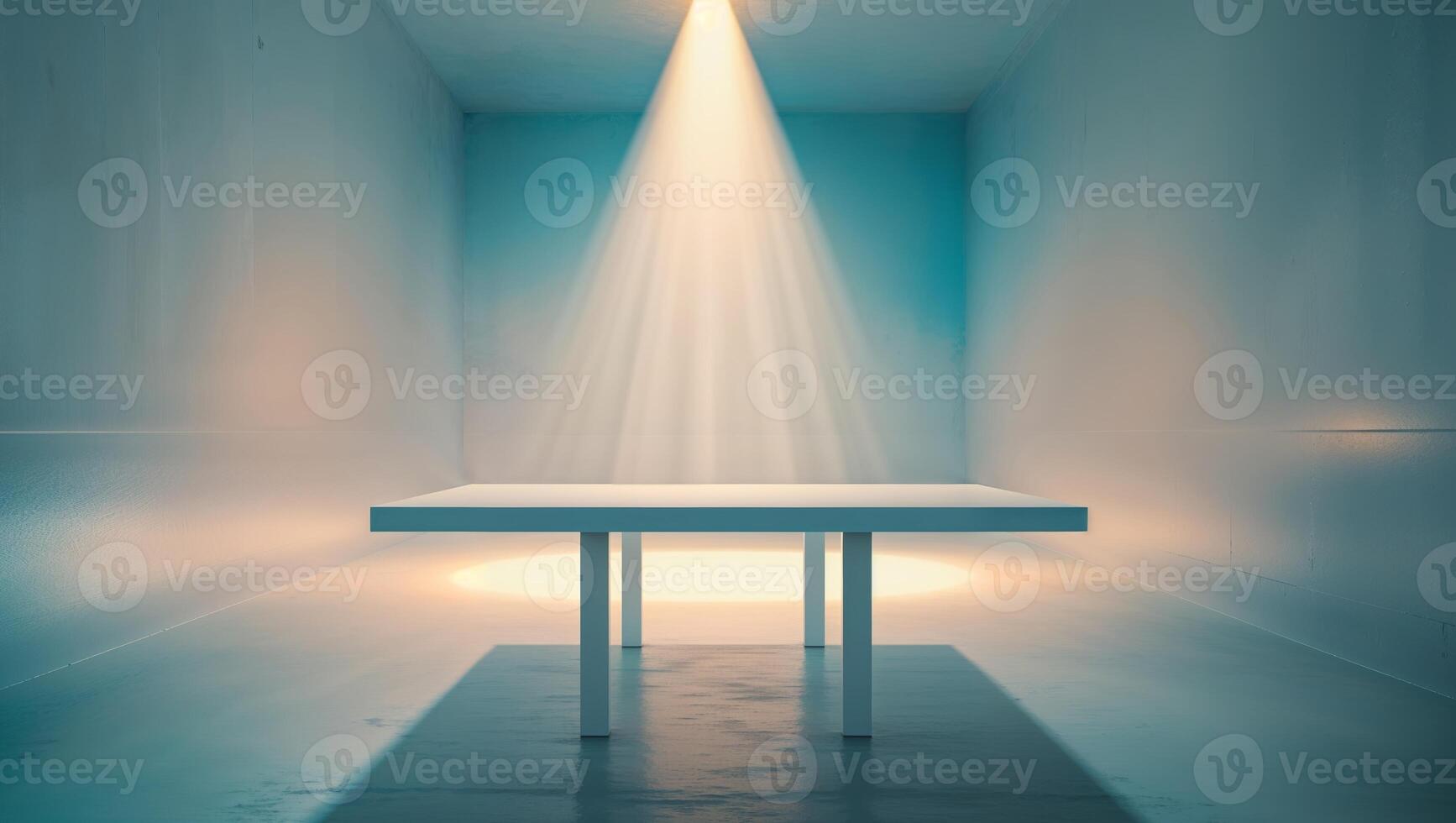 White Table with Light Beam on Gray Blue Wall Background photo