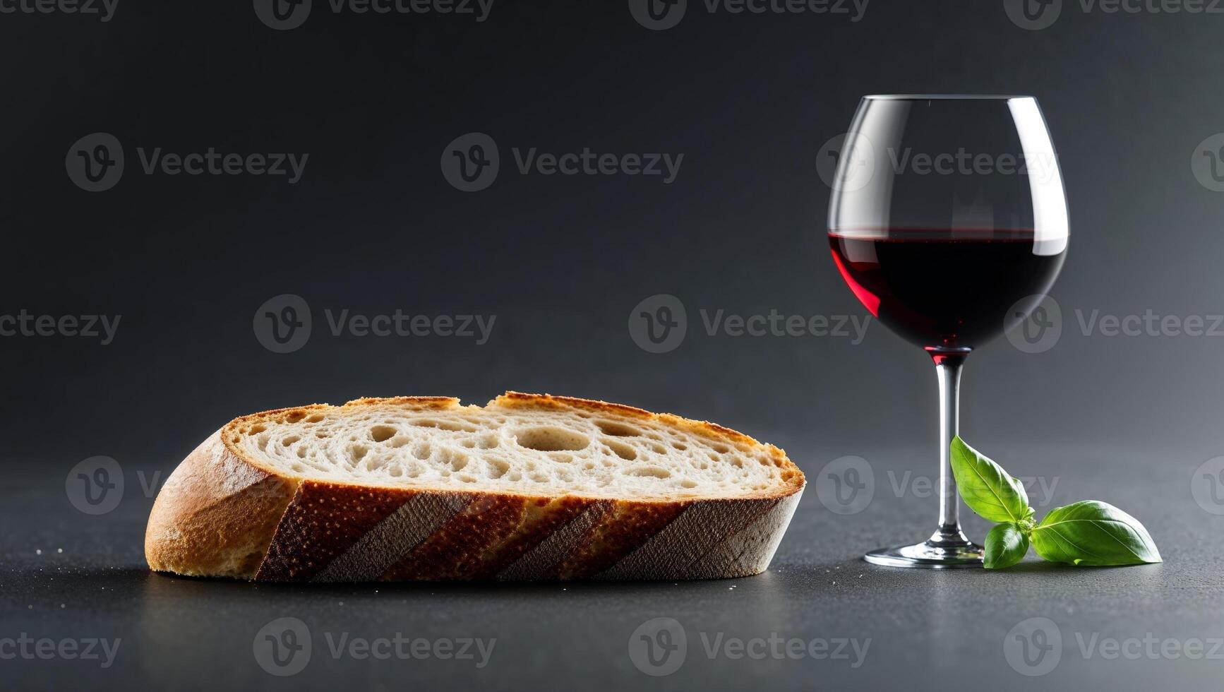Sliced Crusty Bread with Red Wine and Basil on Dark Background. photo