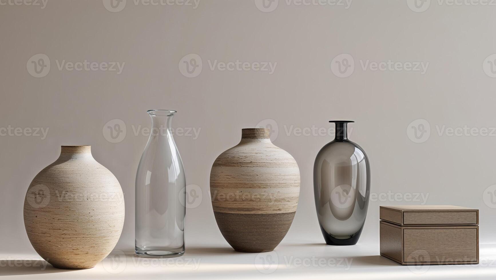 stylish home decor objects in a neutral palette featuring a textured vase a sleek bottle and a decorative box. photo
