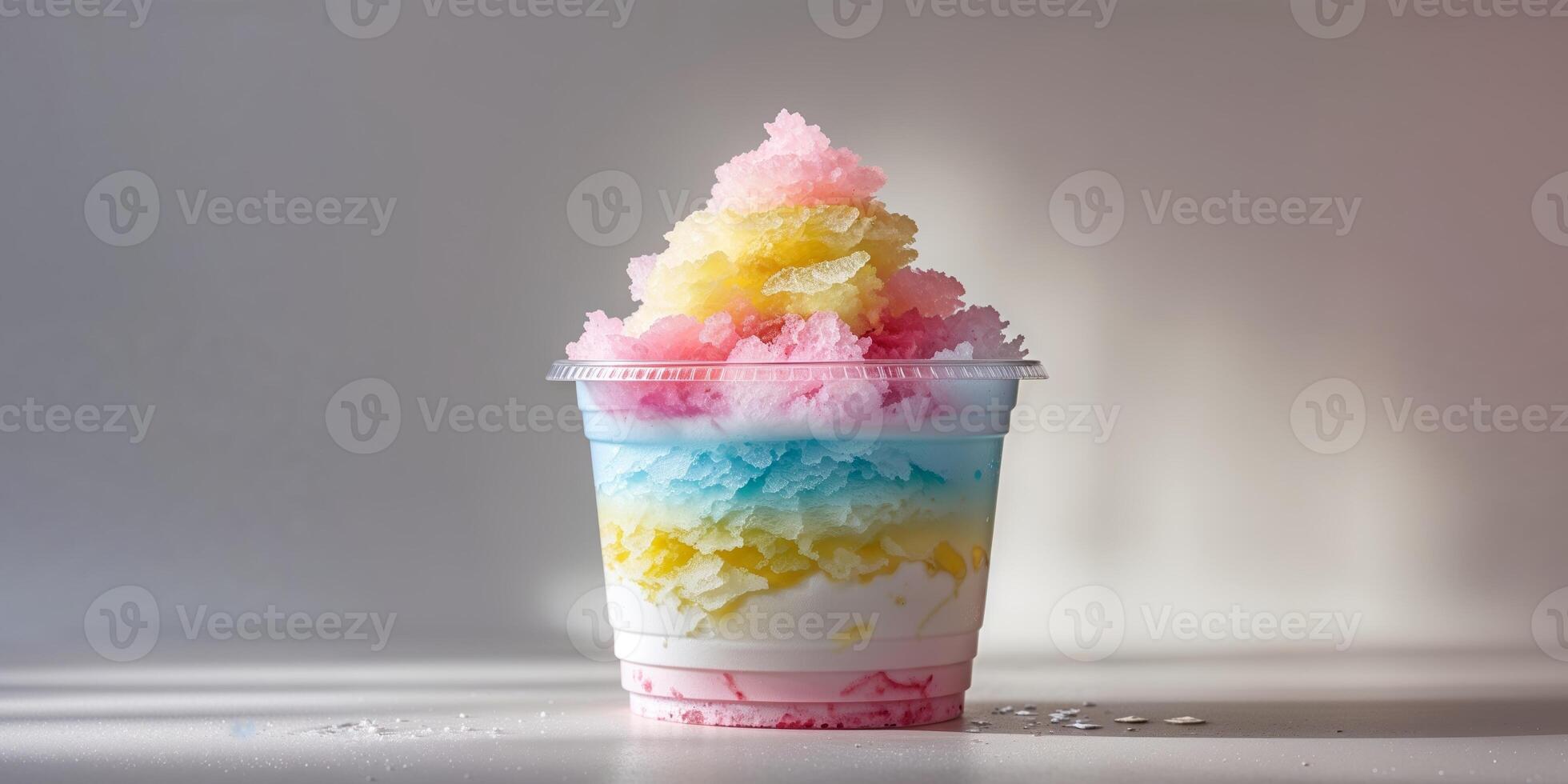 A colorful layered shaved ice dessert in a clear plastic cup. photo