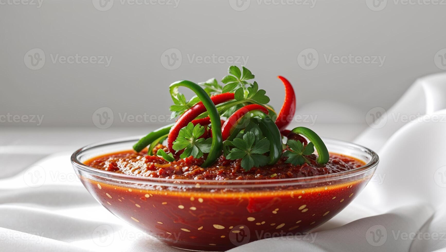 Spicy Red Chili Sauce Bowl Peppers Garnish. photo