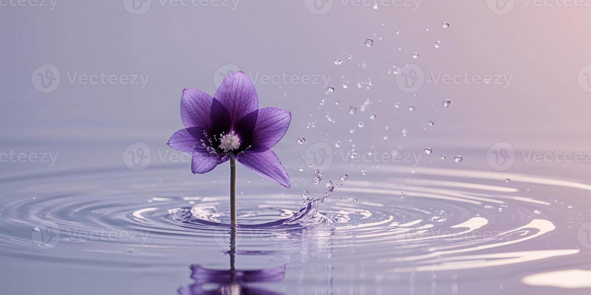 A purple flower is floating in water with water droplets photo