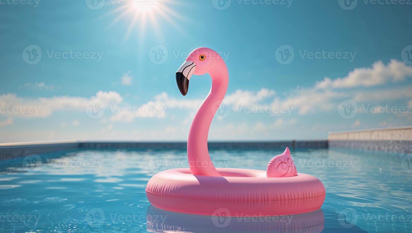 Flamingo floating in pool with sun shining through photo