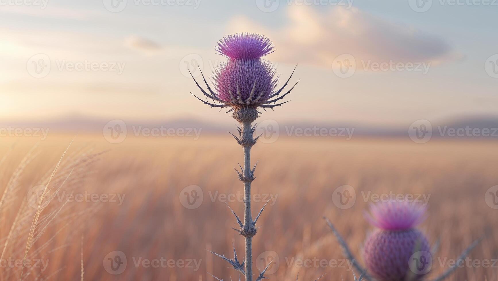 Purple Thistle in Golden Field at Sunset photo