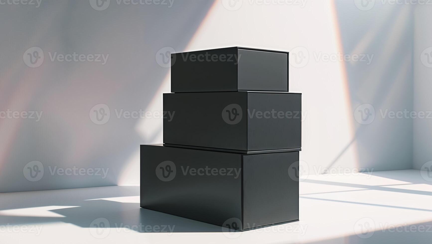 A stack of black boxes sitting on a white surface photo