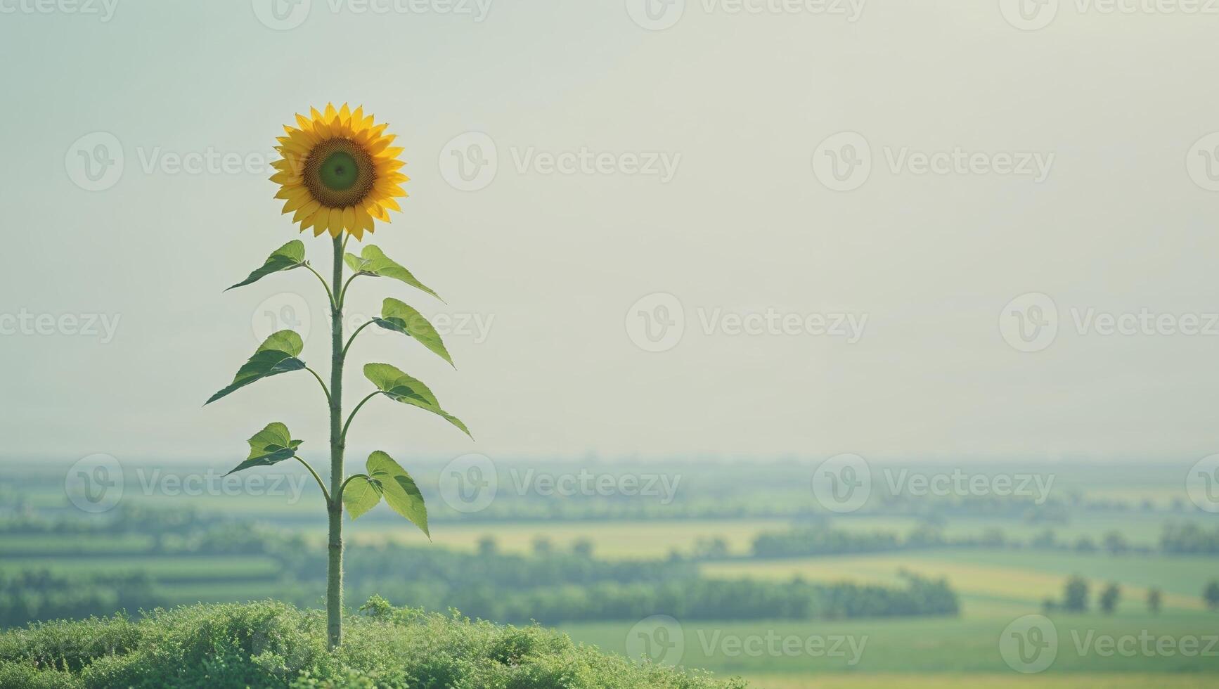 Single sunflower on a hill overlooking green fields. photo