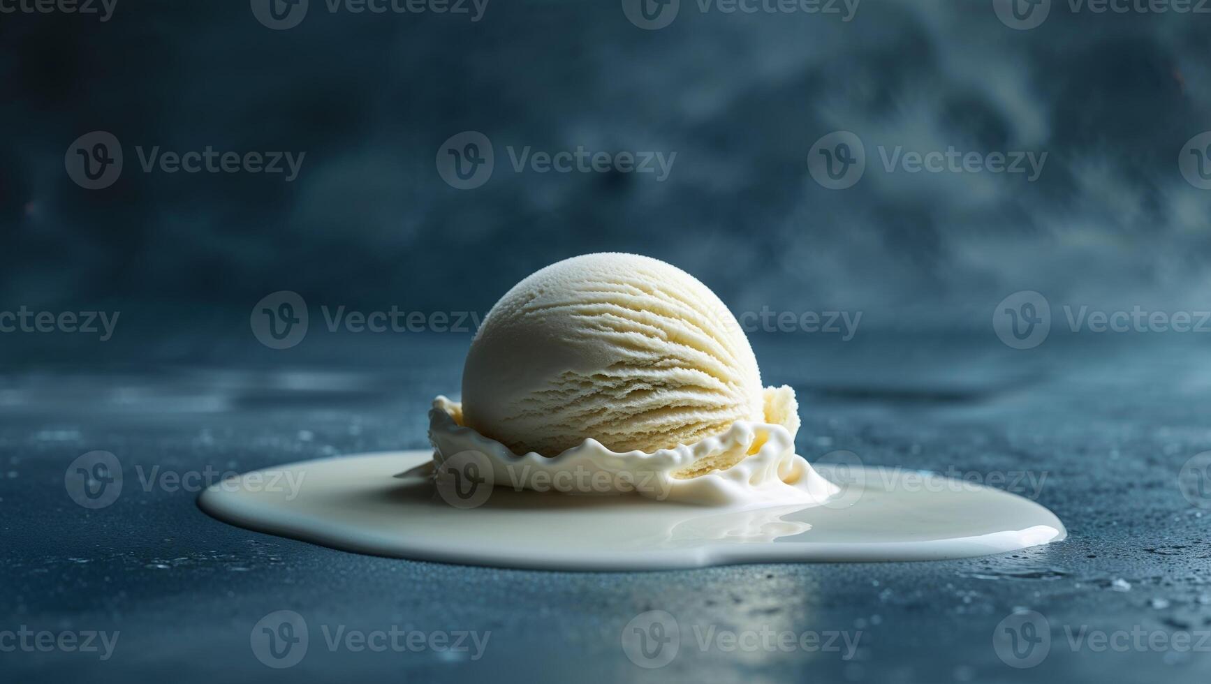 Melting Vanilla Ice Cream Scoop on Dark Blue Textured Background photo