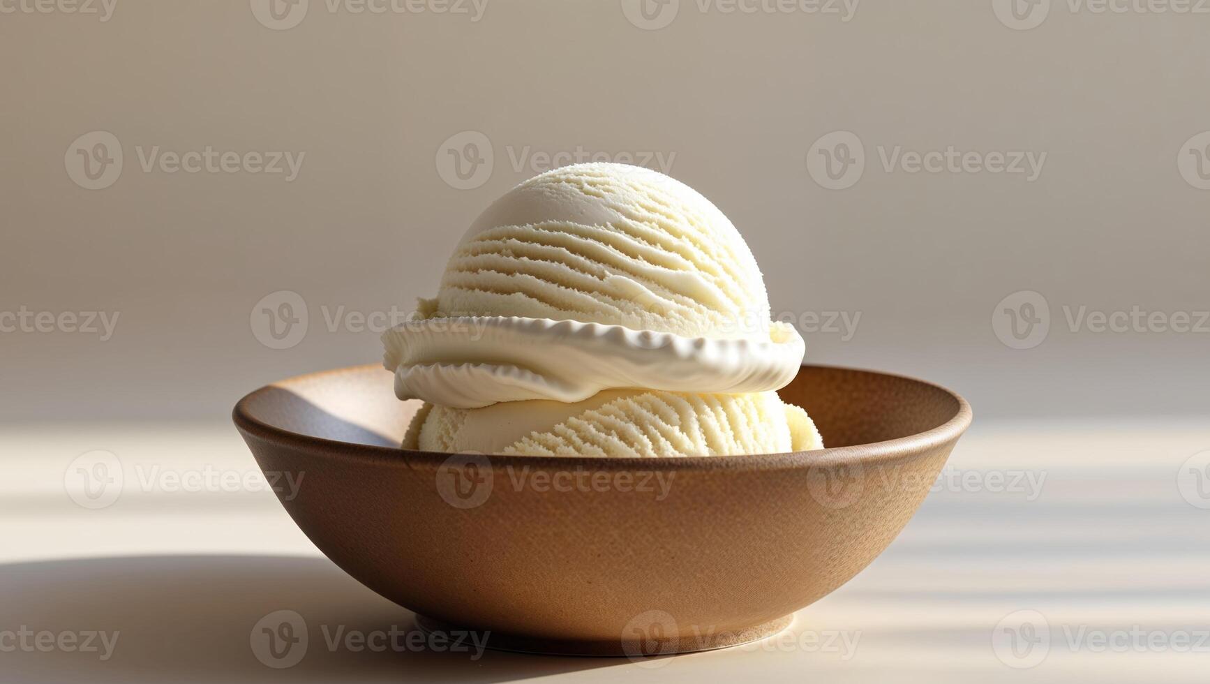 Creamy white vanilla ice cream in a brown bowl photo