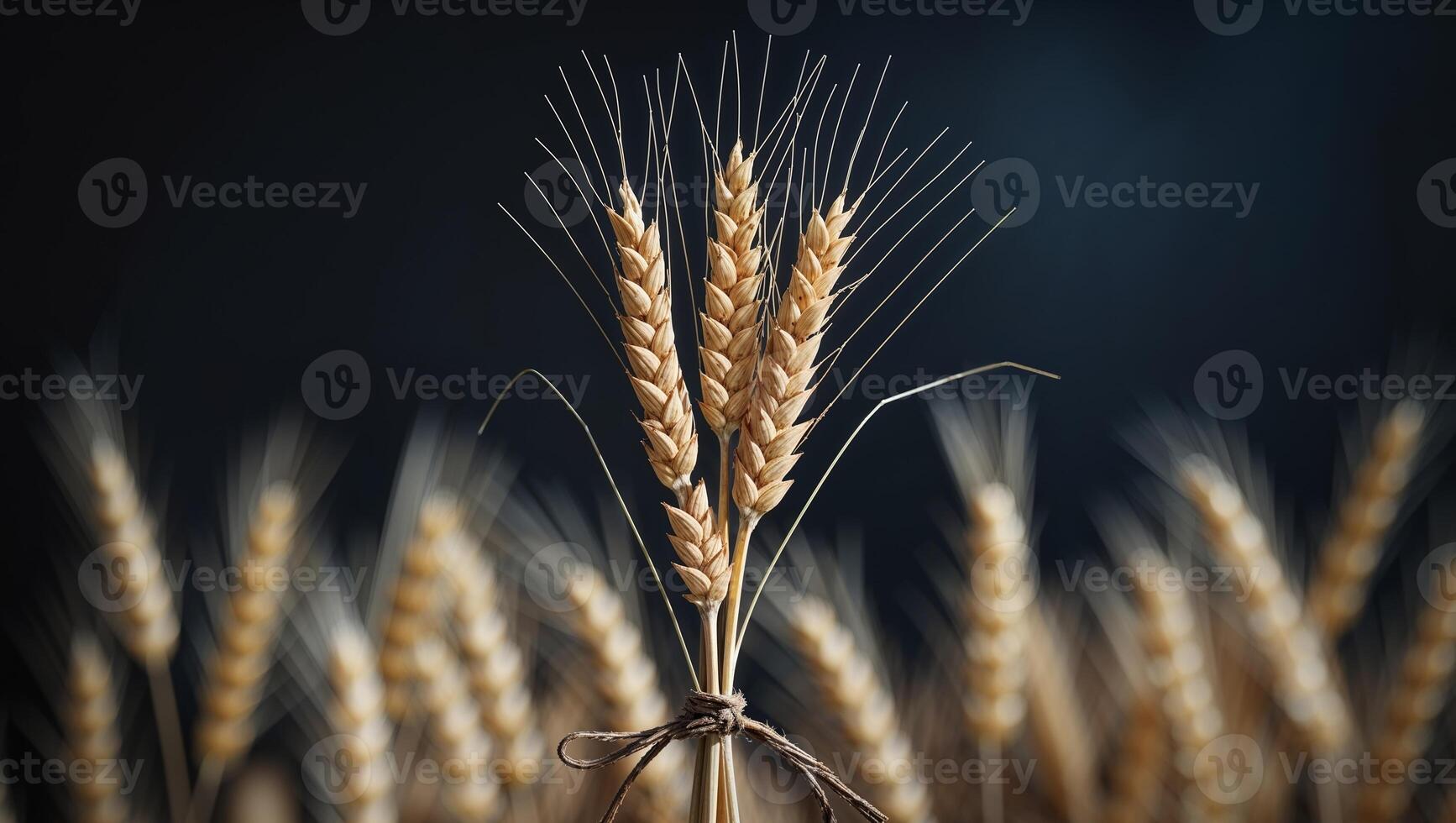 Natural Wheat Sheaf with Rustic Tied String on Dark Background. photo