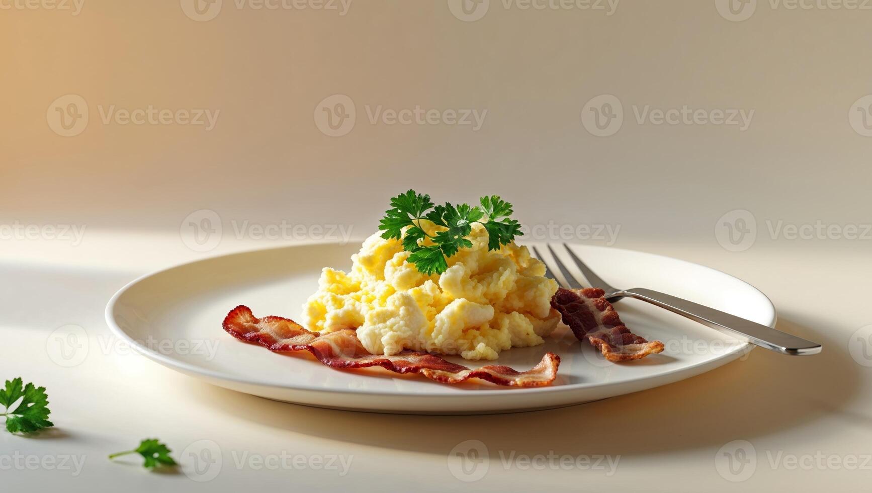 Delicious breakfast dish of eggs bacon parsley and fork present. photo