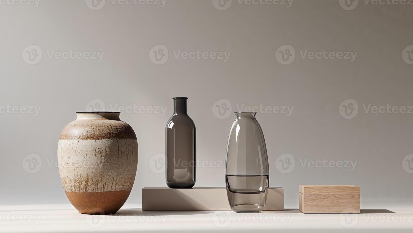stylish home decor objects in a neutral palette featuring a textured vase a sleek bottle and a decorative box photo