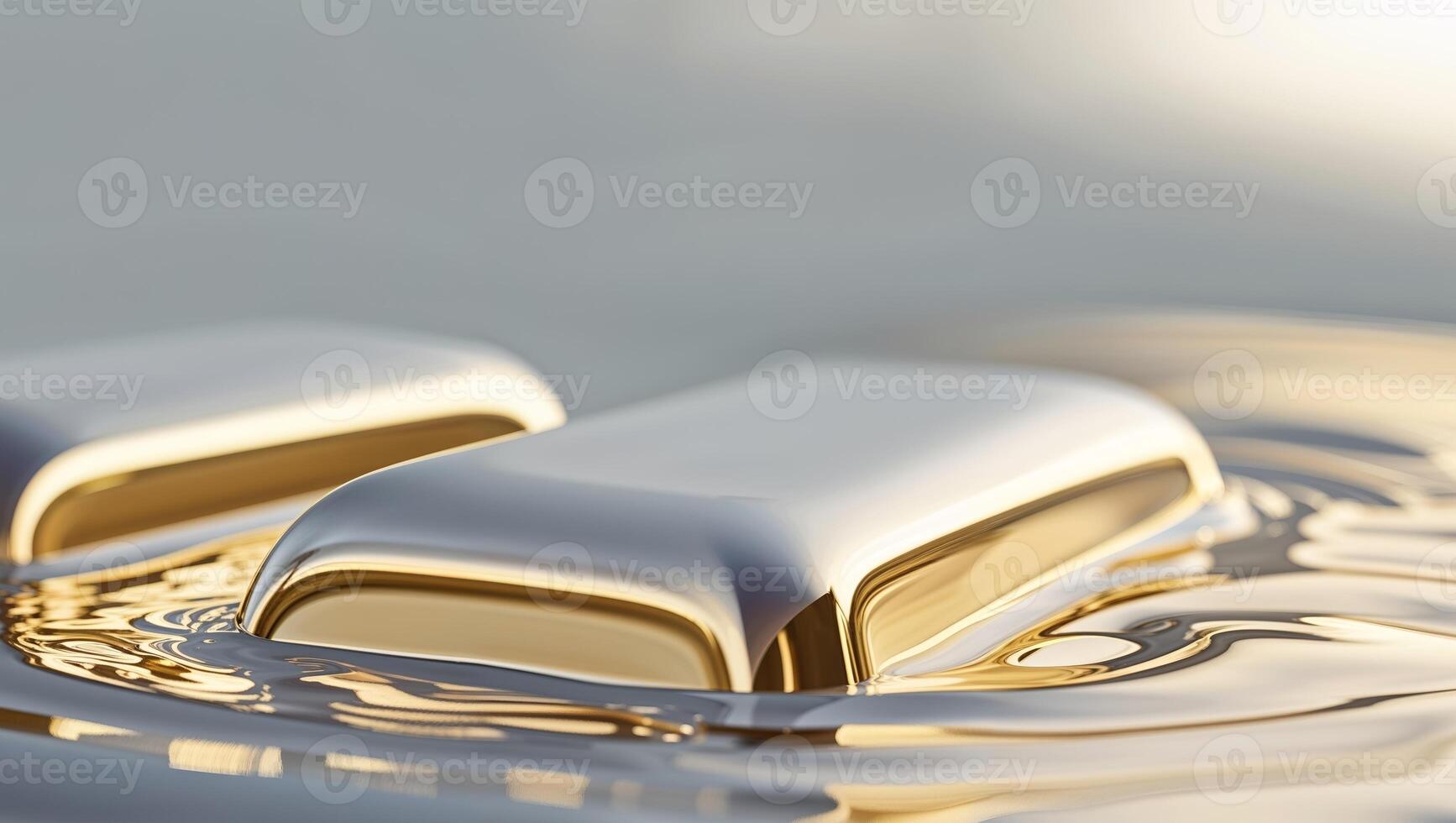 White gold bars submerged in liquid gold with a smooth reflective surface photo