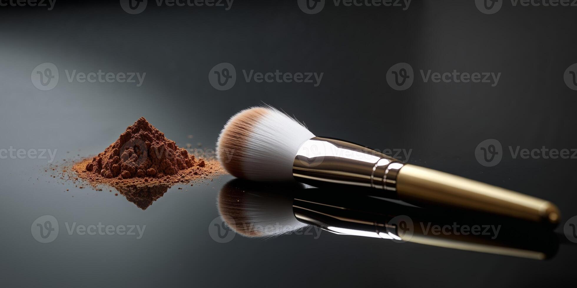 makeup brush with brown powder on a black background. photo