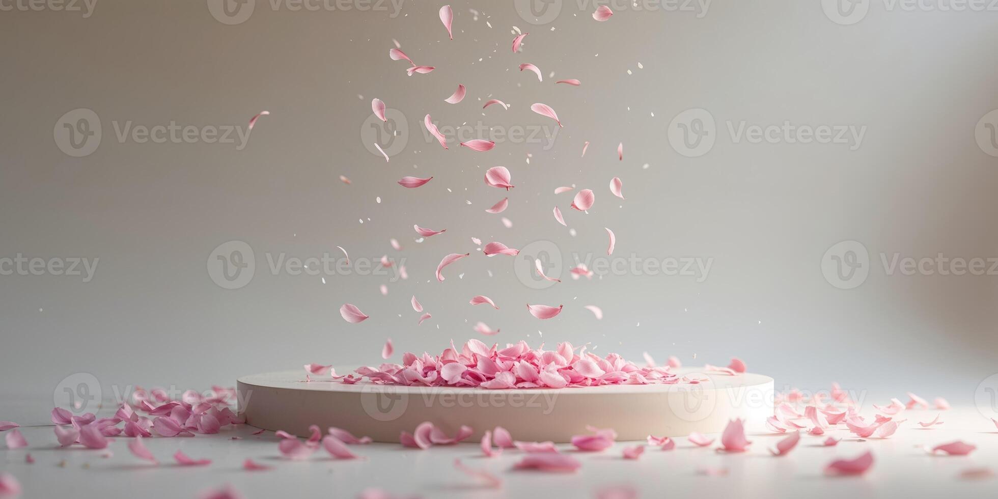 Pink Petals Falling Around a Circular Platform. photo