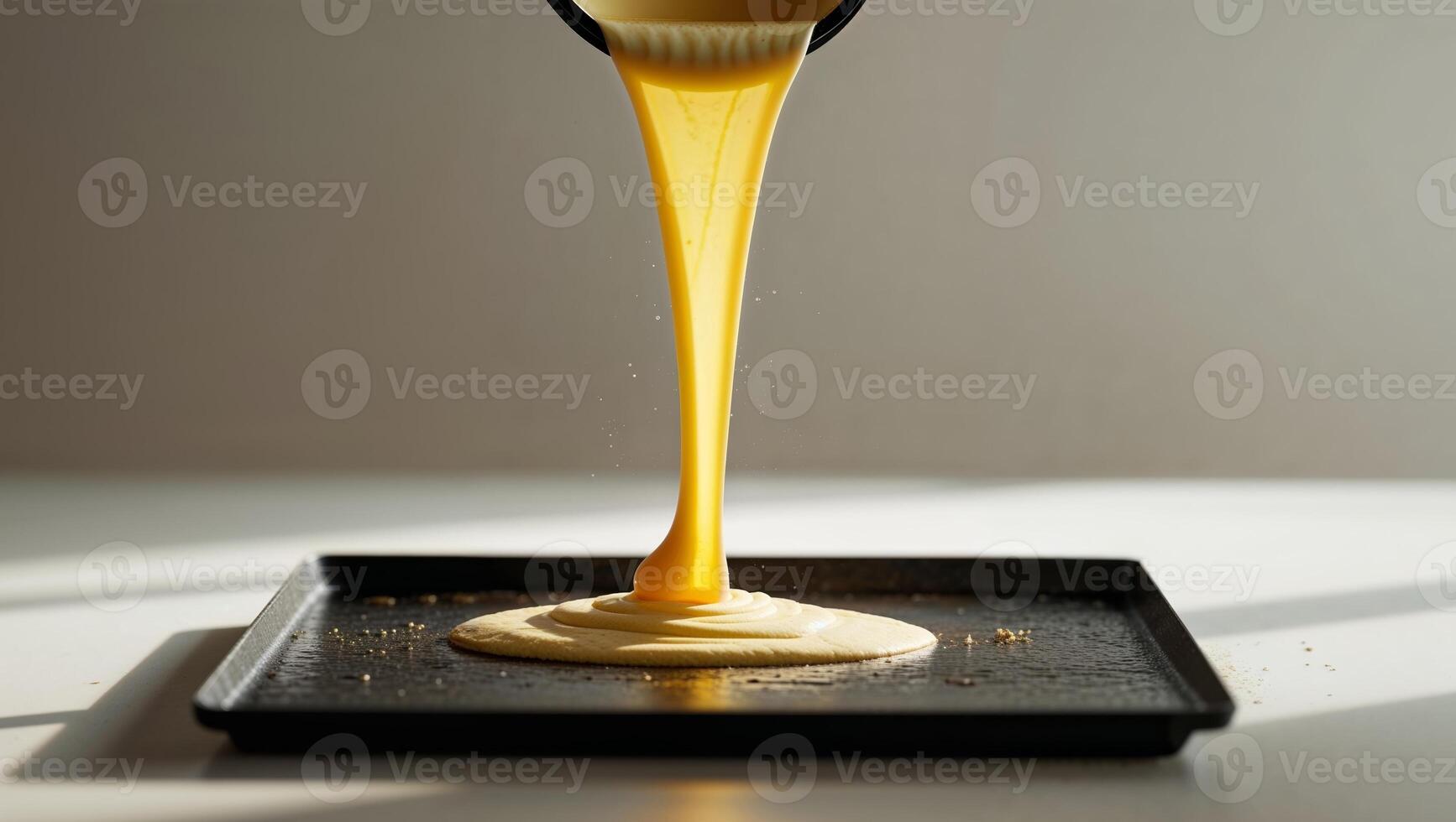 Golden batter being poured onto a hot griddle photo