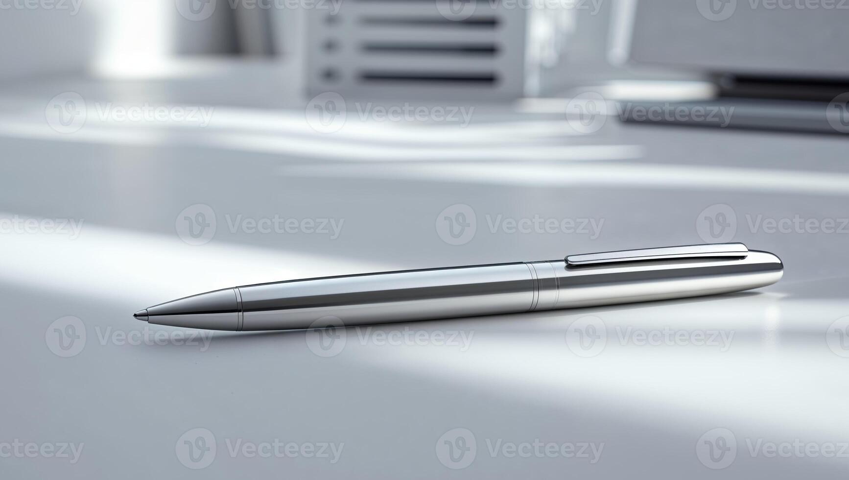 Modern Silver Ballpoint Pen Placed Diagonally on White Office Background photo