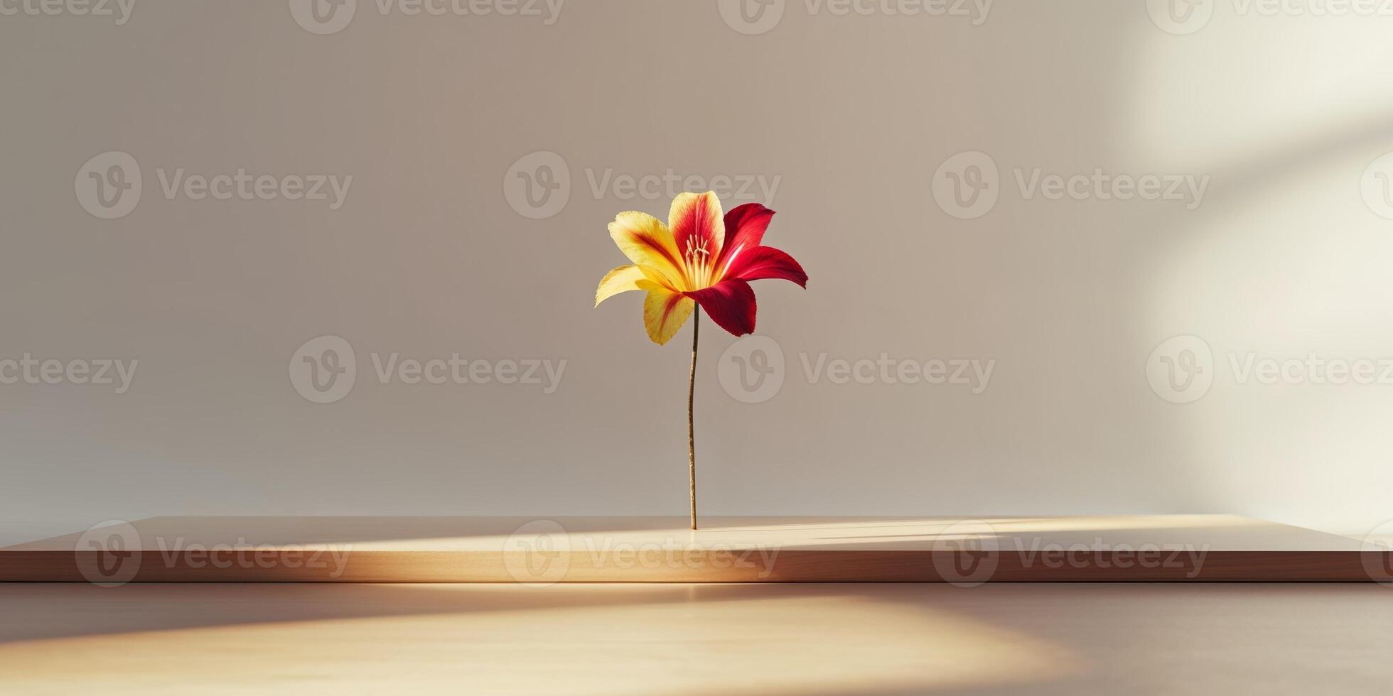A yellow and red flower sitting on top of a table. photo