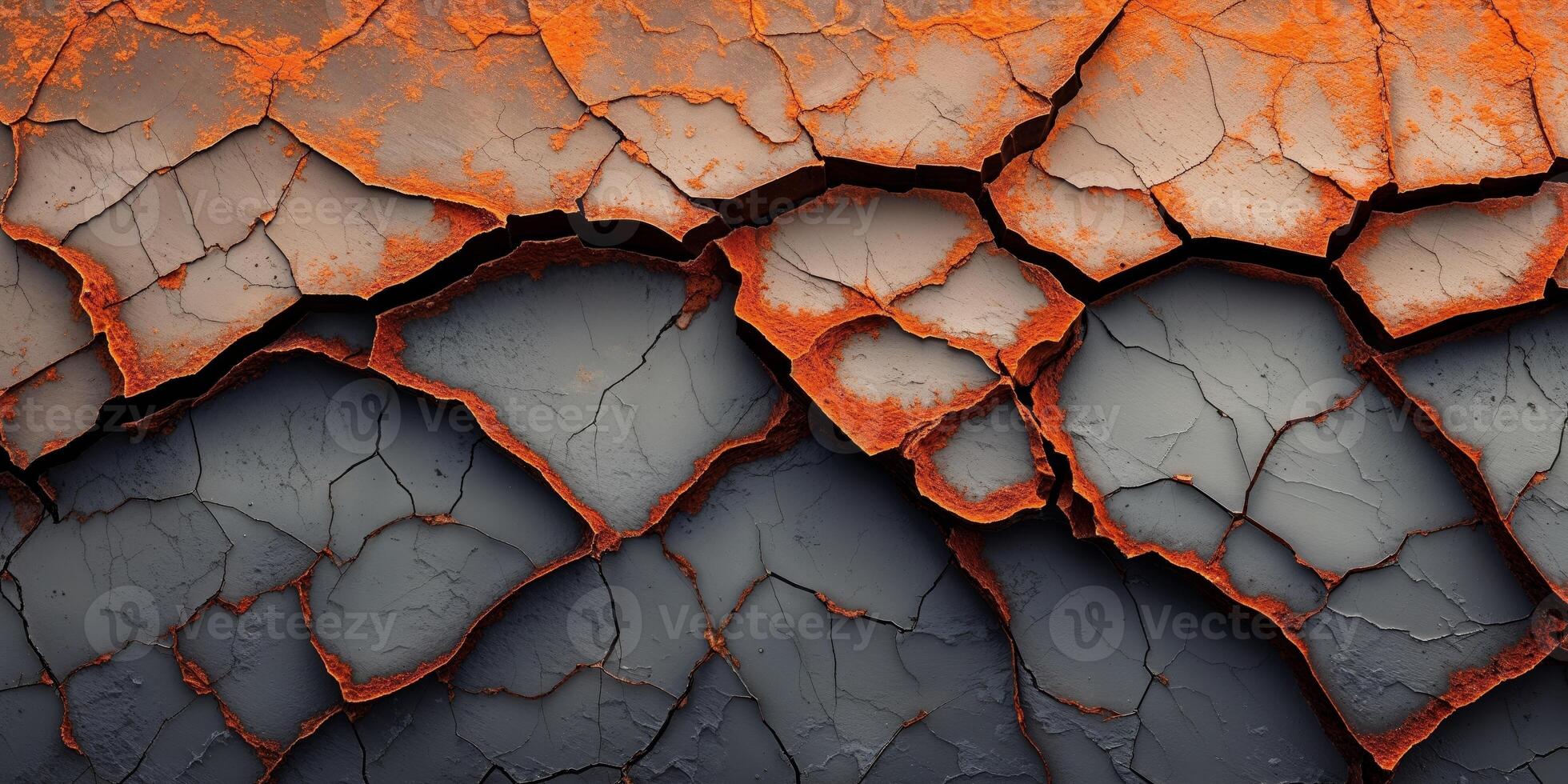 Cracked wall with orange and black paint photo