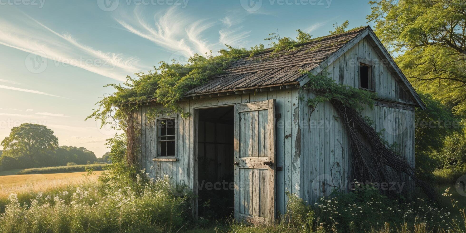 An old shed in a field with a tree growing on it photo
