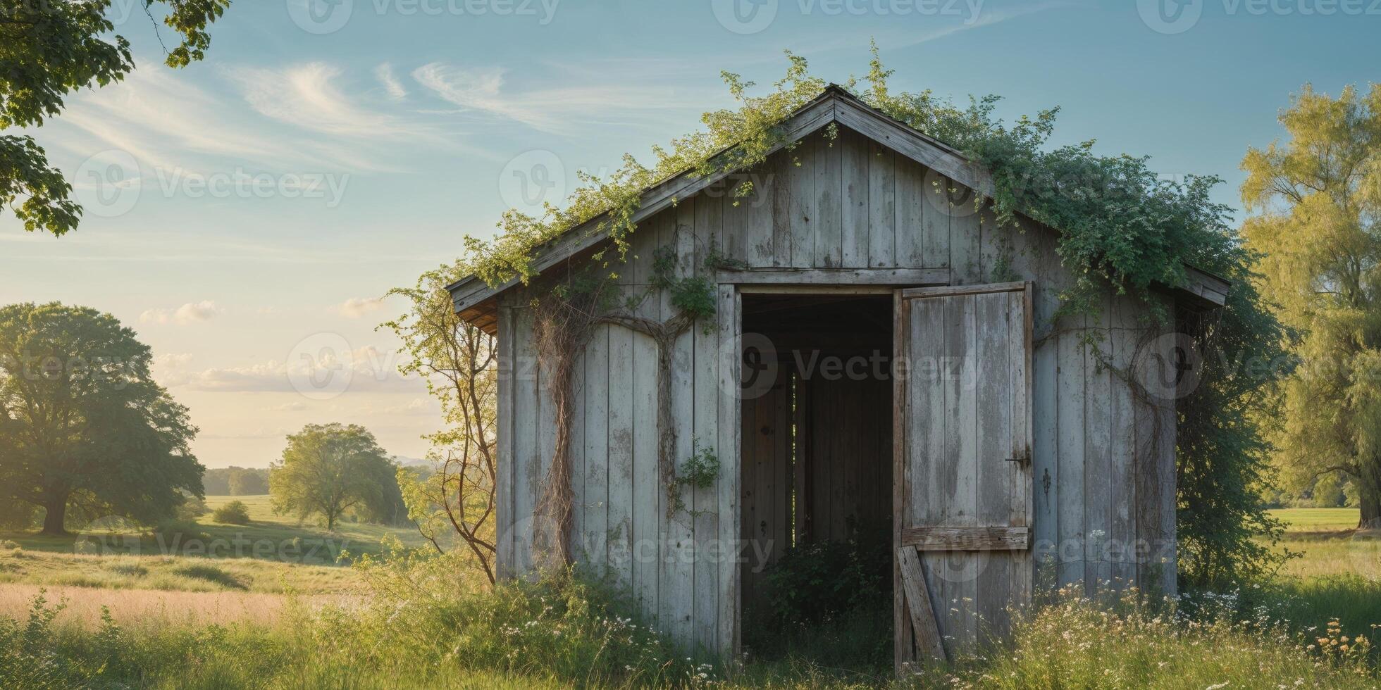 An old outhouse in a field with grass and trees photo