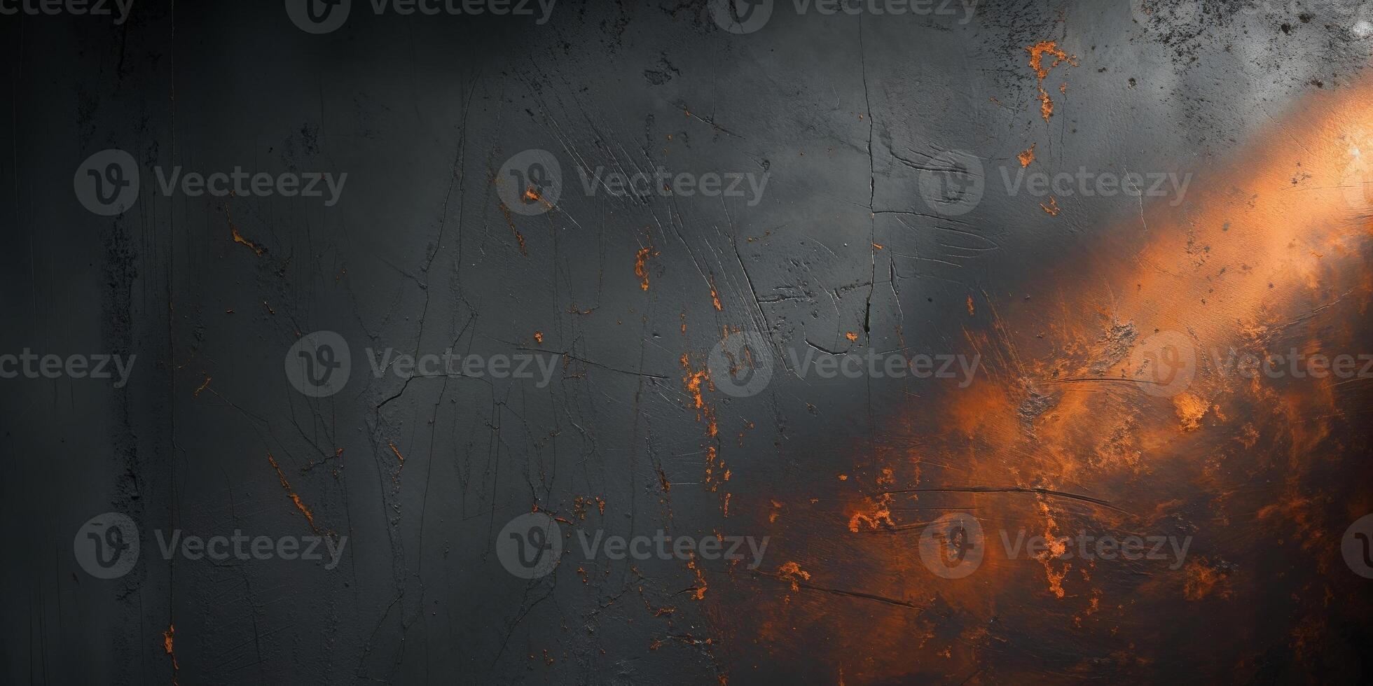 A dark, grungy wall with orange paint and a light photo