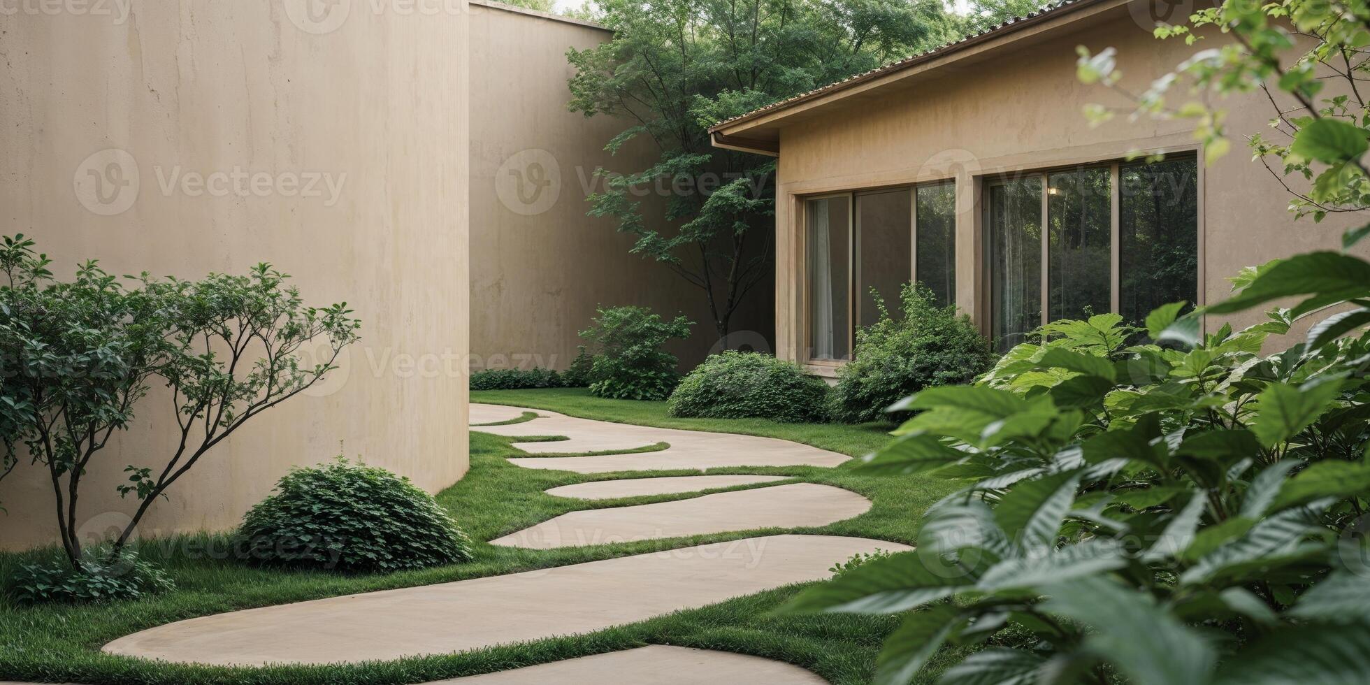 A walkway in a garden with grass and plants photo