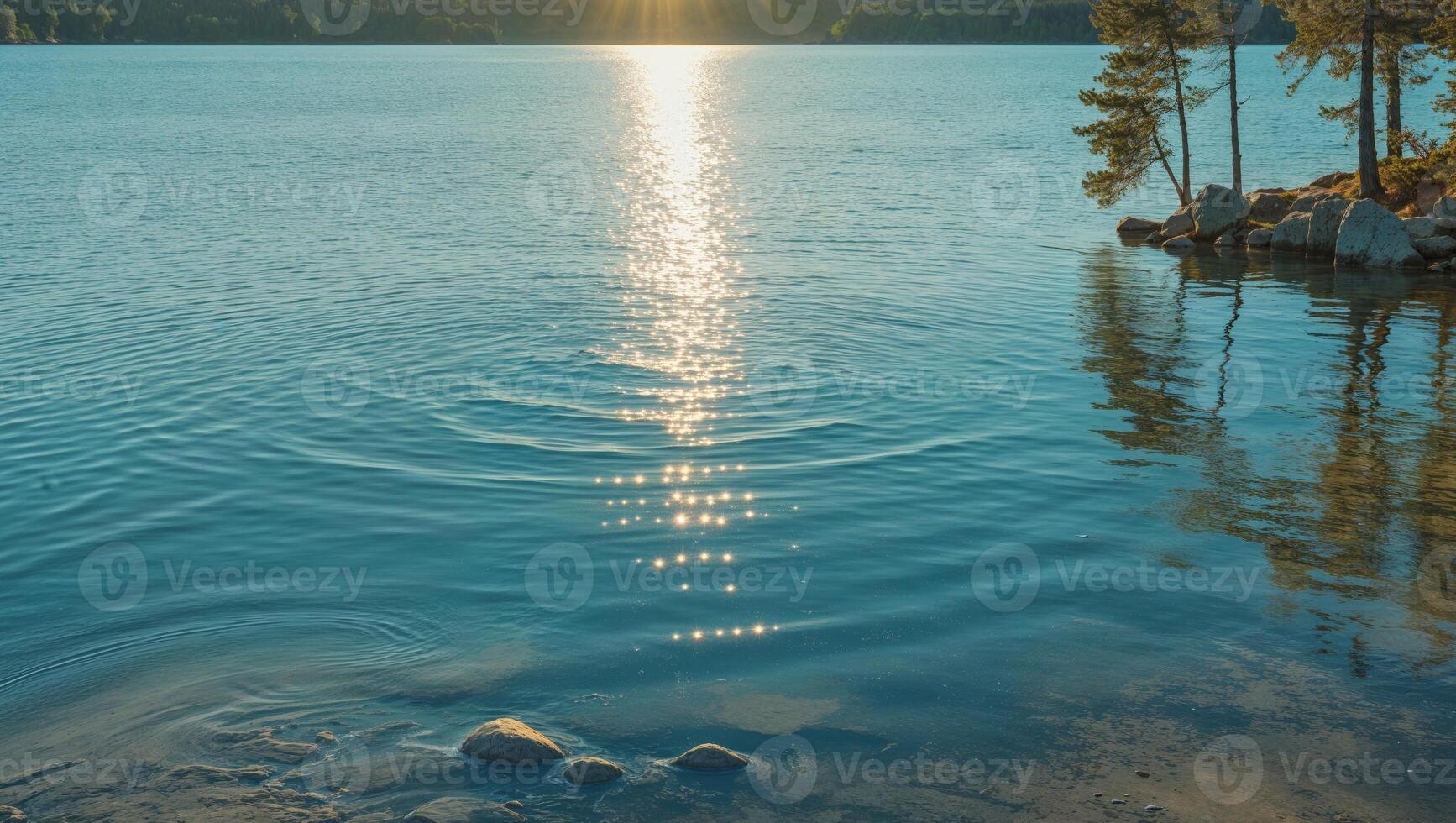 The sun is shining over a lake with trees and rocks photo