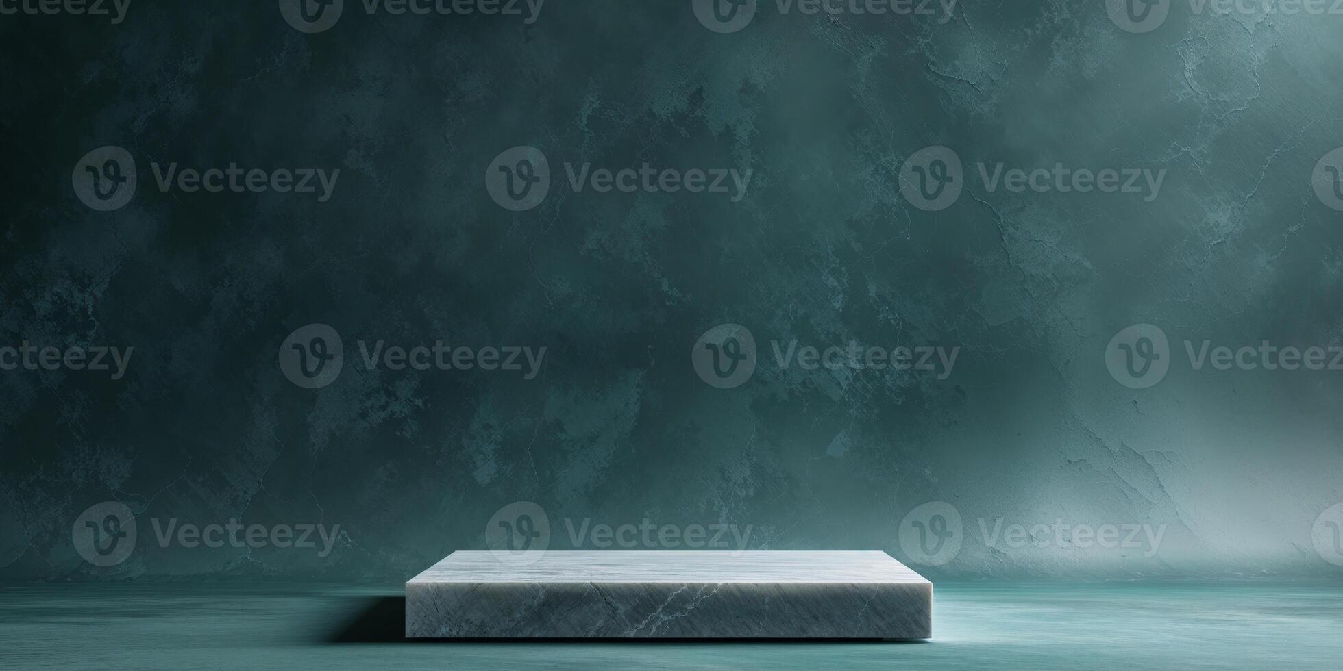 Dark Teal Textured Background with Square Marble Pedestal. photo