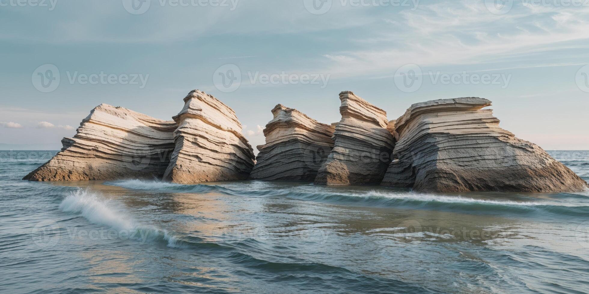 Abstract layered rock formations by the water's edge create a stunning visual. photo