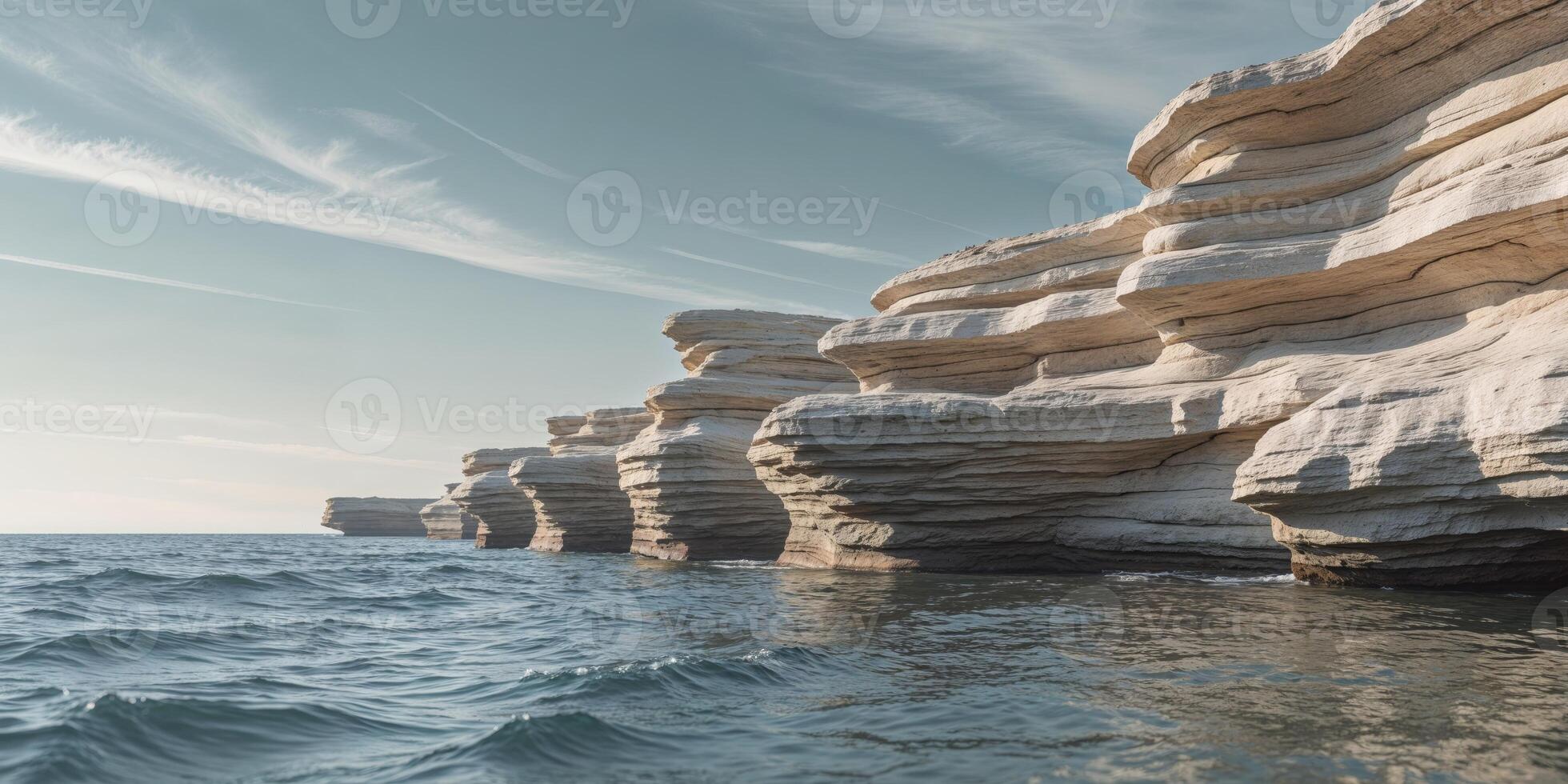 Abstract layered rock formations by the water's edge create a stunning visual photo