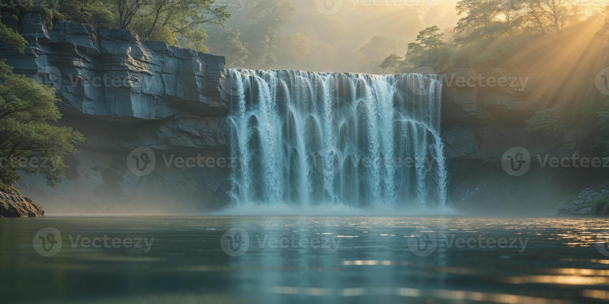 Beautiful scenic view showing waterfall flowing into the water area. photo