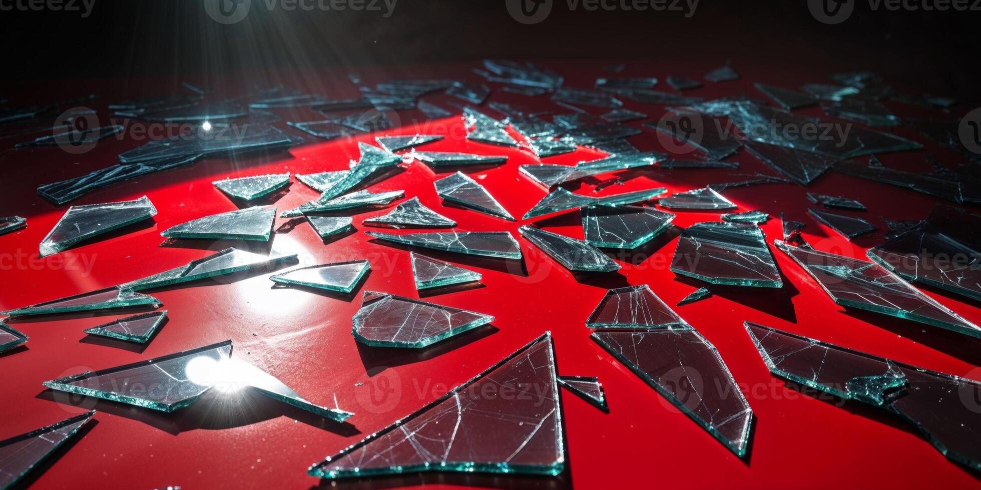 Broken Glass Shards on Red Surface Reflecting Light Brightly photo