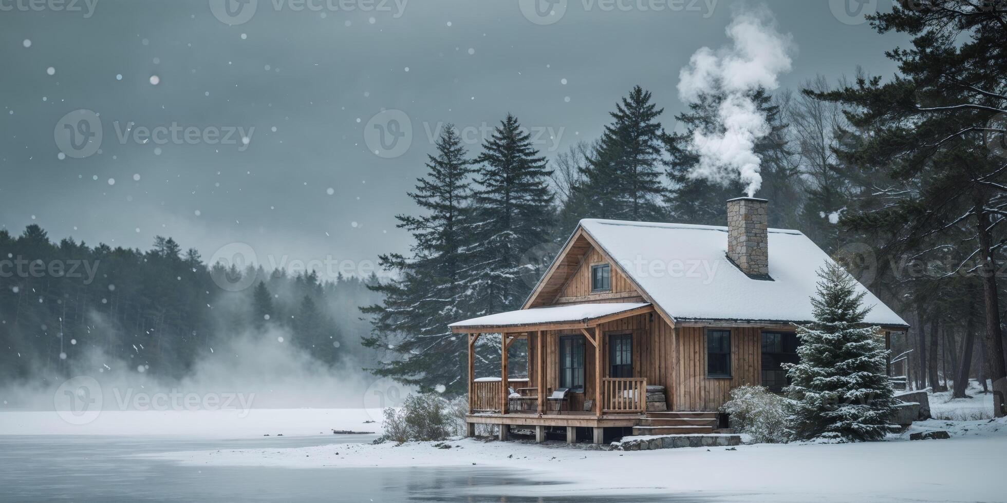 Cozy Lakefront Cabin Winter Vacation Rental Scenic View. photo