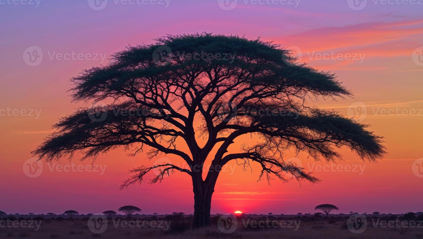 African Savanna Sunset Silhouette of Acacia Tree photo