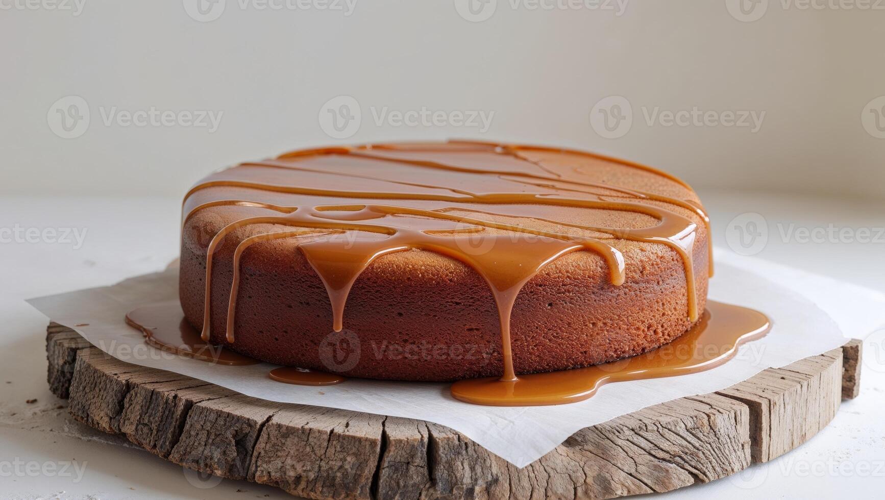 A Stunning Caramel Cake with Drizzled Caramel Sauce on a Wooden Board photo