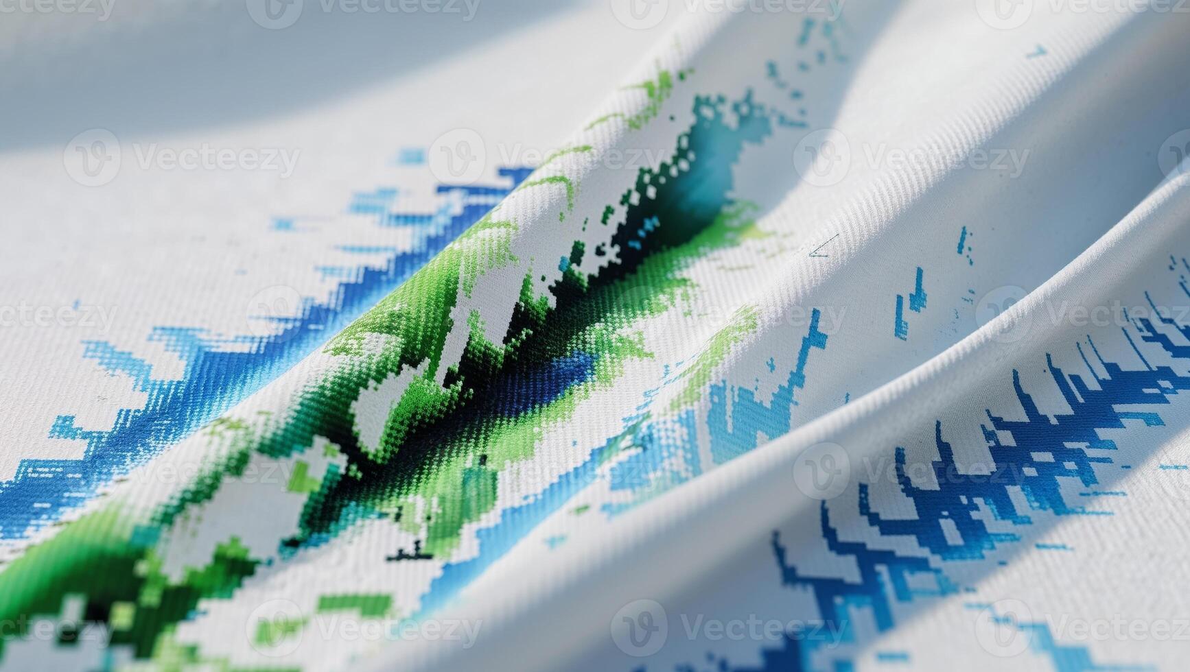 A close up of a white fabric with a green and blue pattern photo